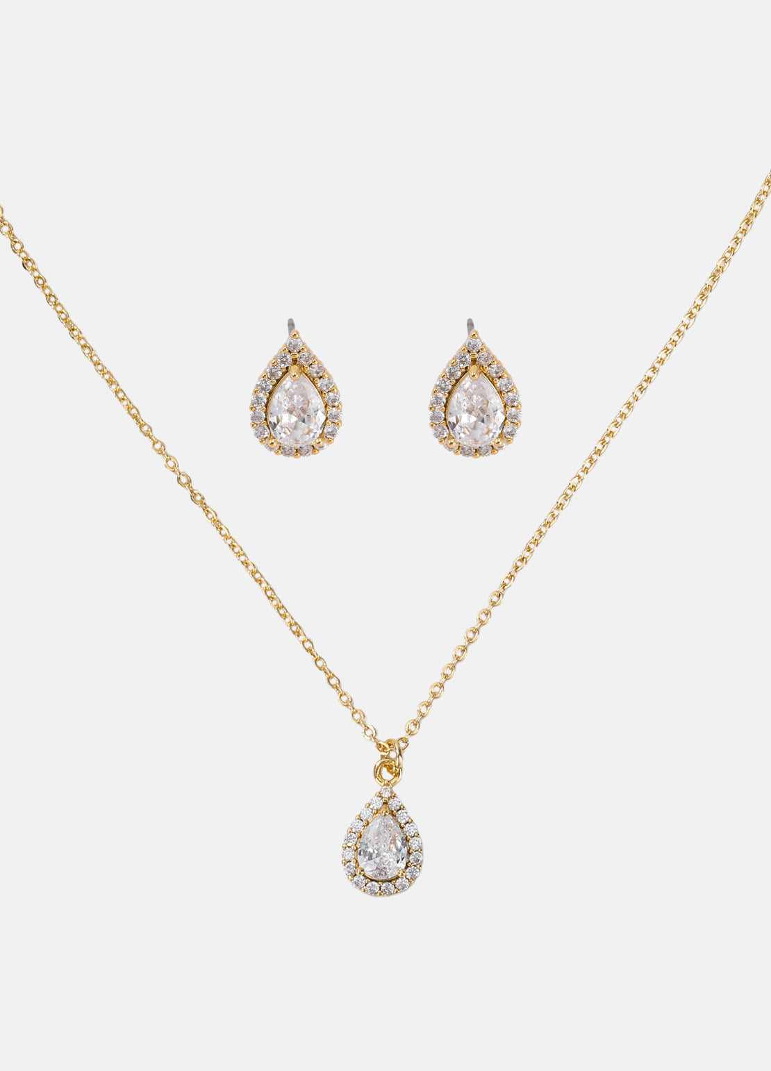 GOLD PLATED CZ PAVE PEAR EAR AND NECKLACE SET