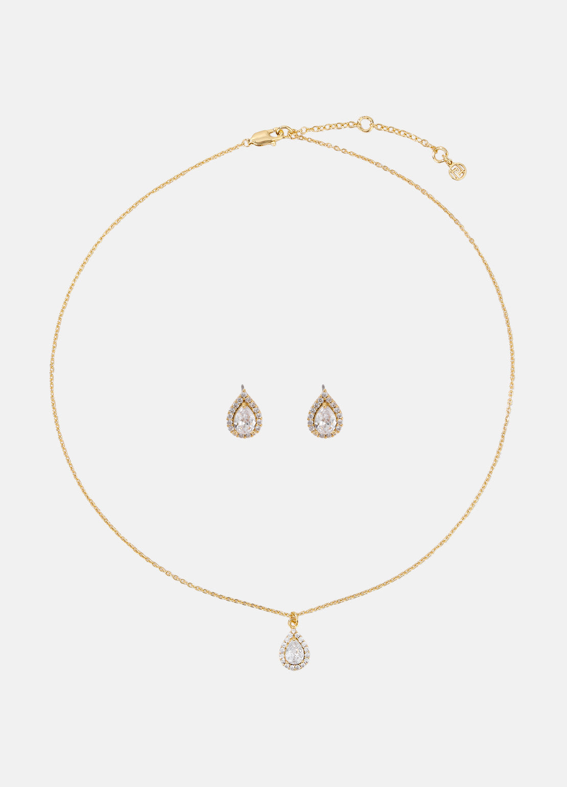 GOLD PLATED CZ PAVE PEAR EAR AND NECKLACE SET